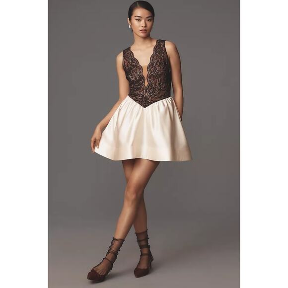 NEW Maeve Anthropologie Twofer Basque-Waist Mini Dress Black and Cream Size 6 - Picture 1 of 5